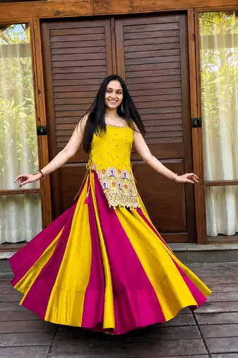 Women’s Chaniya Choli For Navratri - Designer Vichitra Silk Lehenga Choli With Shrug – Handwork Latkan