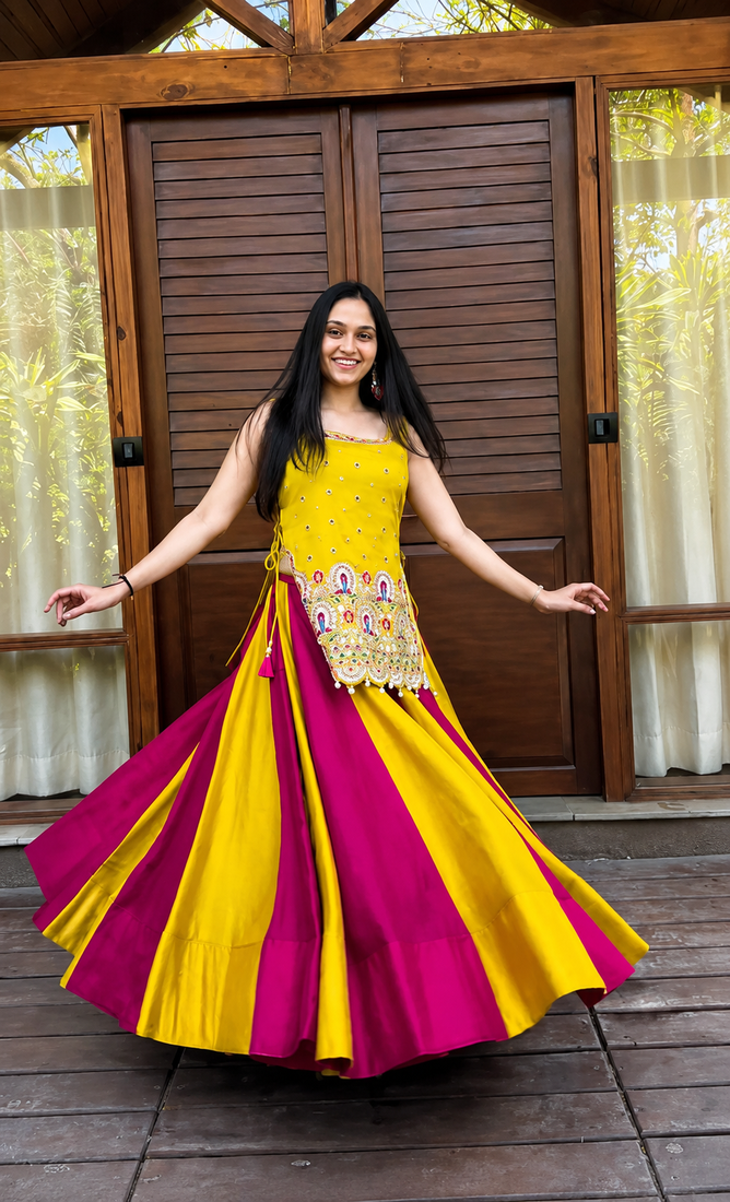 Women’s Chaniya Choli For Navratri - Designer Vichitra Silk Lehenga Choli With Shrug – Handwork Latkan