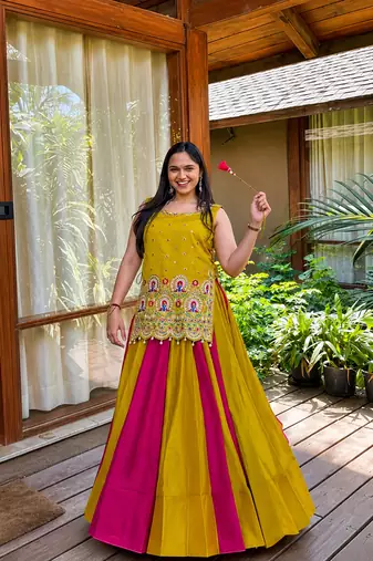 Women’s Chaniya Choli For Navratri - Designer Vichitra Silk Lehenga Choli With Shrug – Handwork Latkan