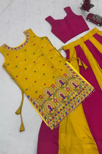 Women’s Chaniya Choli For Navratri - Designer Vichitra Silk Lehenga Choli With Shrug – Handwork Latkan