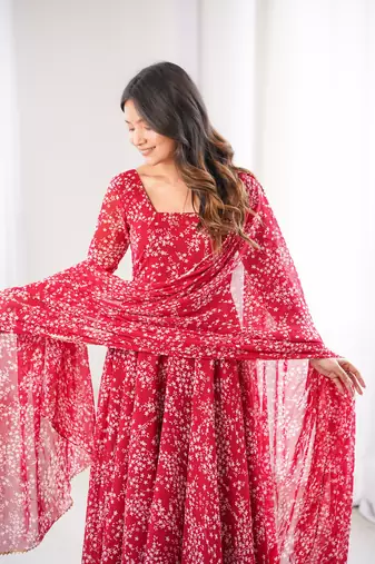 Red printed georgette anarkali kurti