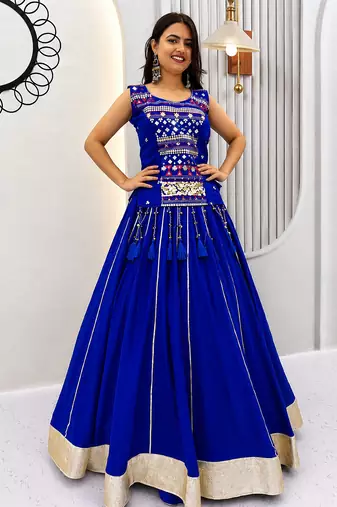 Women’s Chaniya Choli For Navratri – Pure Cotton Mirror Hand Work & Ribbon Work With 6 Meter Lehenga
