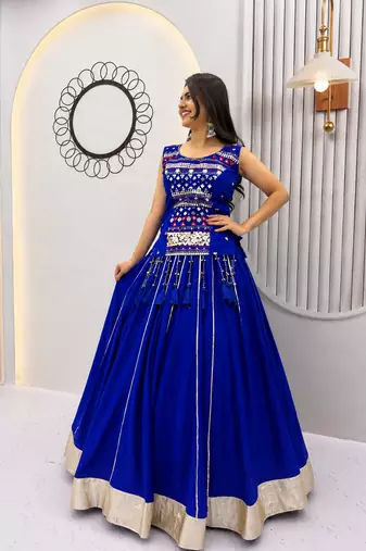 Women’s Chaniya Choli For Navratri – Pure Cotton Mirror Hand Work & Ribbon Work With 6 Meter Lehenga