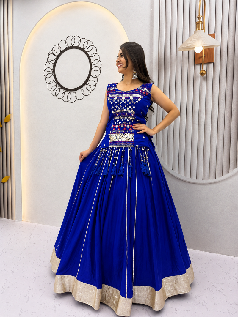 Women’s Chaniya Choli For Navratri – Pure Cotton Mirror Hand Work & Ribbon Work With 6 Meter Lehenga