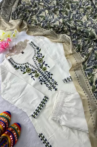 Cream khadi cotton kurti pant dupatta set