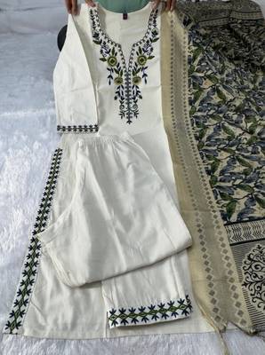 Cream khadi cotton kurti pant dupatta set 5