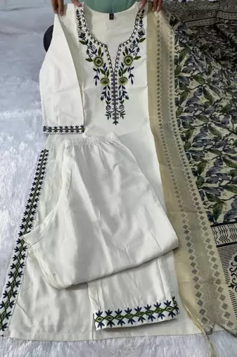 Cream khadi cotton kurti pant dupatta set