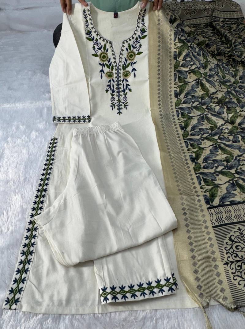 Cream khadi cotton kurti pant dupatta set