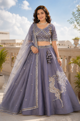 Steel Blue Dhurandhar Silk Bead Embroidered Lehenga Choli for wedding