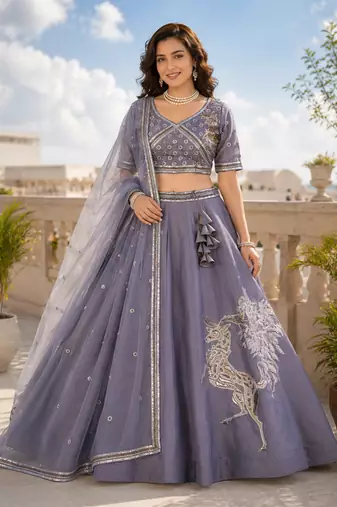 Steel Blue Dhurandhar Silk Bead Embroidered Lehenga Choli for wedding