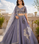 Steel Blue Dhurandhar Silk Bead Embroidered Lehenga Choli for wedding