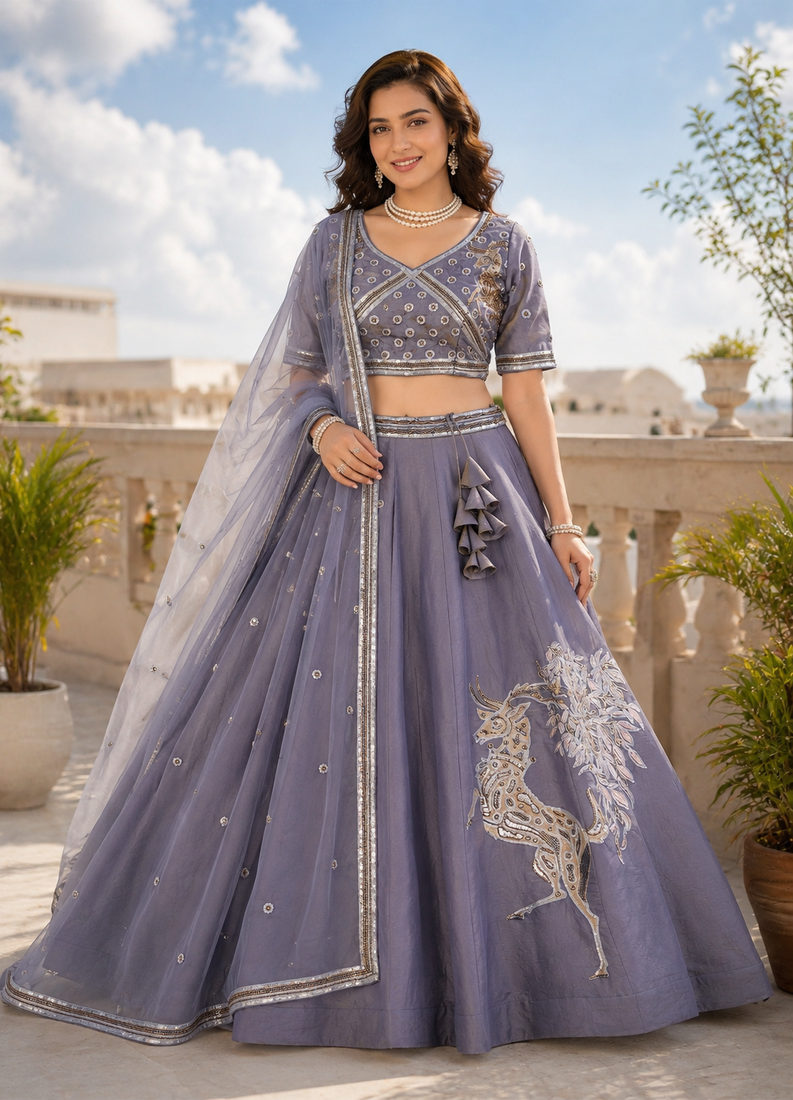 Steel Blue Dhurandhar Silk Bead Embroidered Lehenga Choli for wedding