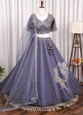 Steel Blue Dhurandhar Silk Bead Embroidered Lehenga Choli for wedding 2