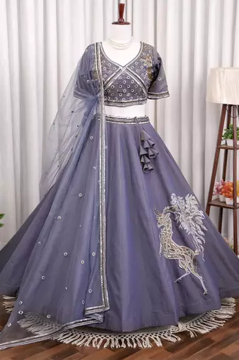 Steel Blue Dhurandhar Silk Bead Embroidered Lehenga Choli for wedding