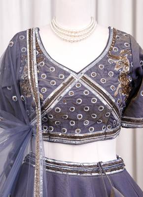 Steel Blue Dhurandhar Silk Bead Embroidered Lehenga Choli for wedding 3