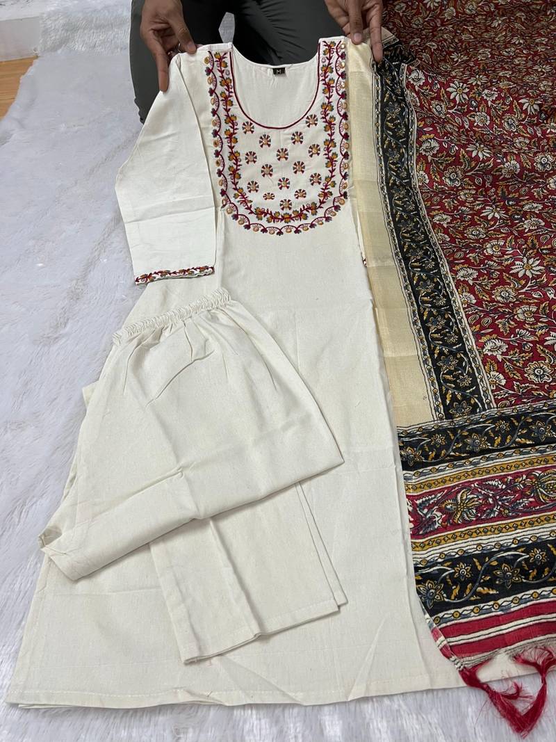Cream khadi cotton kurti pant dupatta set