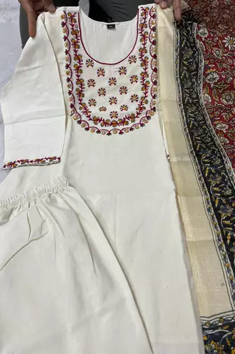 Cream khadi cotton kurti pant dupatta set
