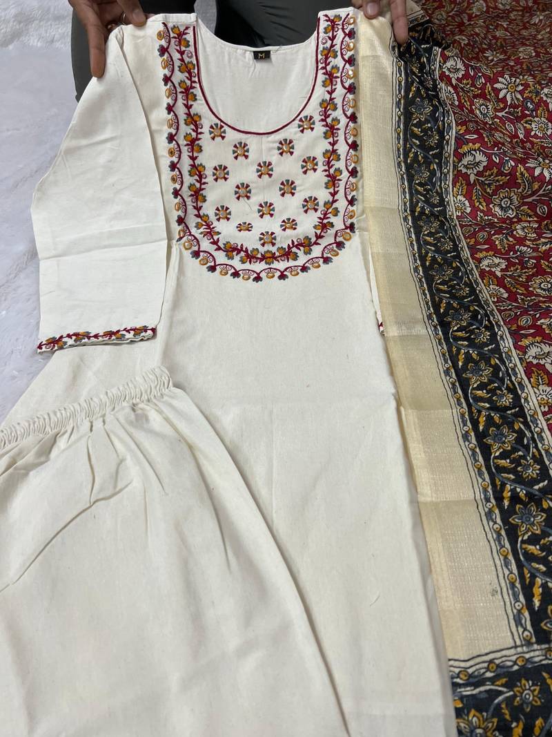 Cream khadi cotton kurti pant dupatta set