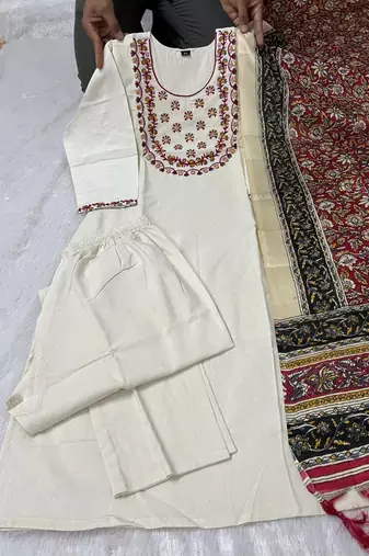 Cream khadi cotton kurti pant dupatta set