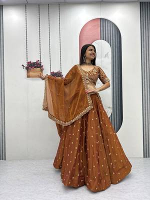Orange Embroidery sequin Work Silk Blend Lehenga Choli Set 1