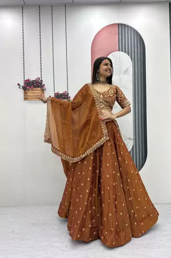 Orange Embroidery sequin Work Silk Blend Lehenga Choli Set