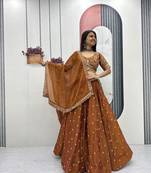Orange Embroidery sequin Work Silk Blend Lehenga Choli Set