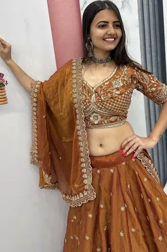 Orange Embroidery sequin Work Silk Blend Lehenga Choli Set
