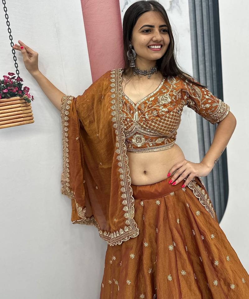 Orange Embroidery sequin Work Silk Blend Lehenga Choli Set