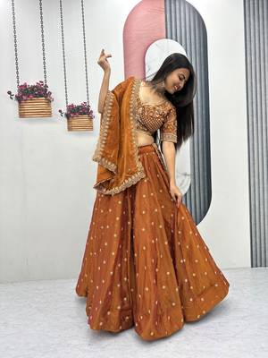 Orange Embroidery sequin Work Silk Blend Lehenga Choli Set 3