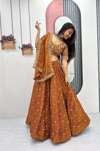 Orange Embroidery sequin Work Silk Blend Lehenga Choli Set
