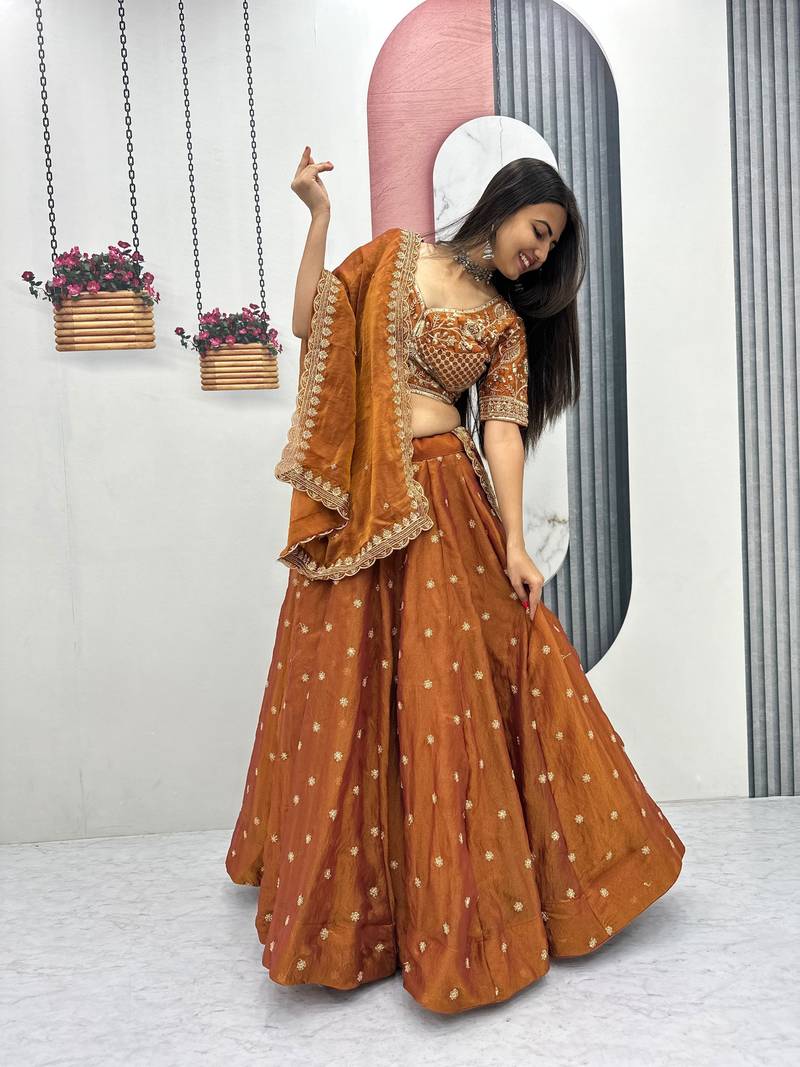 Orange Embroidery sequin Work Silk Blend Lehenga Choli Set