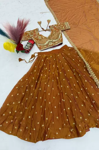 Orange Embroidery sequin Work Silk Blend Lehenga Choli Set