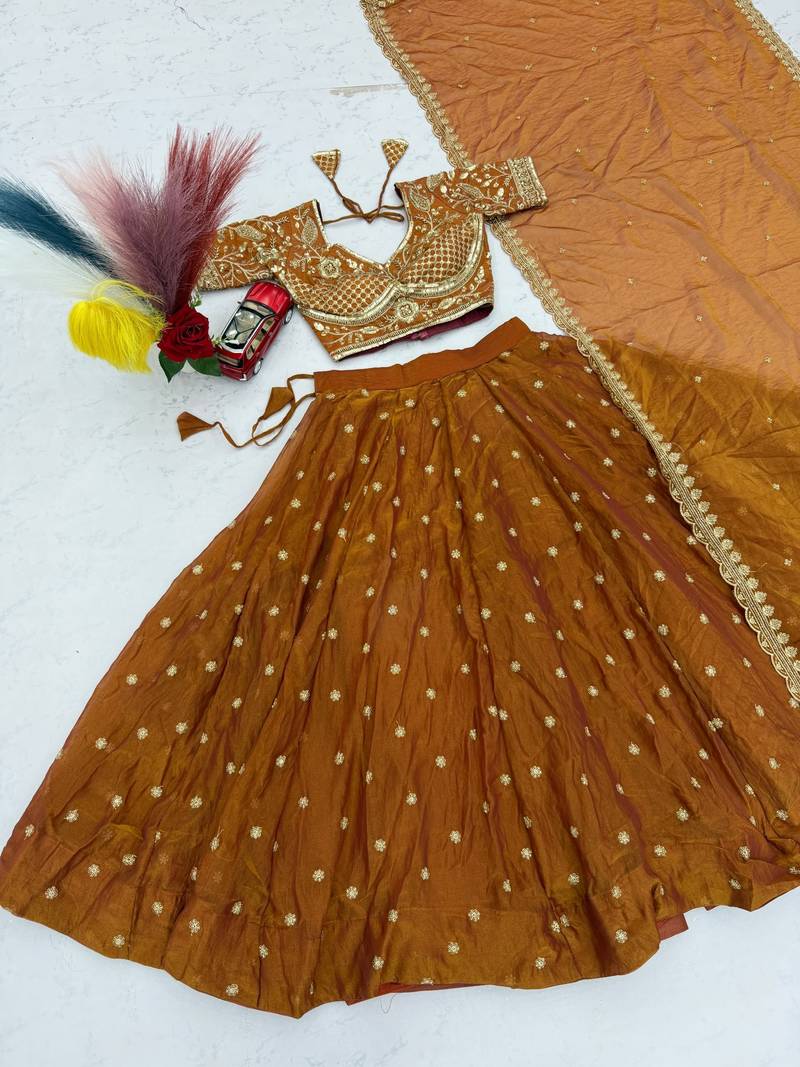 Orange Embroidery sequin Work Silk Blend Lehenga Choli Set