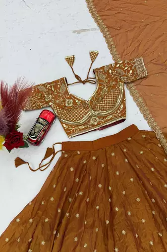 Orange Embroidery sequin Work Silk Blend Lehenga Choli Set