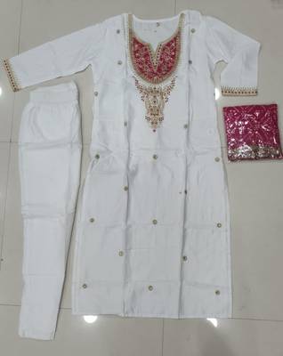 White embroidered viscose straight kurta set with pink printed dupatta & pant 6