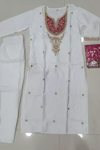 White embroidered viscose straight kurta set with pink printed dupatta & pant