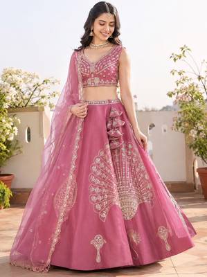 Dusty Rose Dhurandhar Silk Embroidered Lehenga Choli For wedding 1