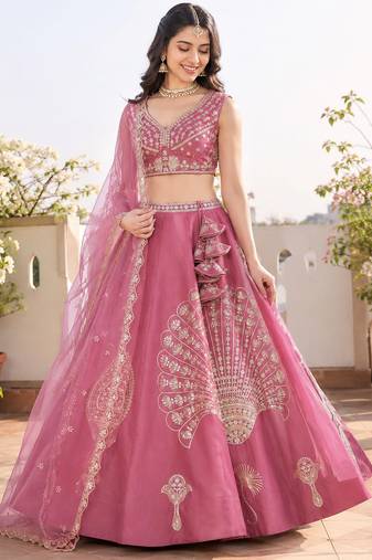 Dusty Rose Dhurandhar Silk Embroidered Lehenga Choli For wedding