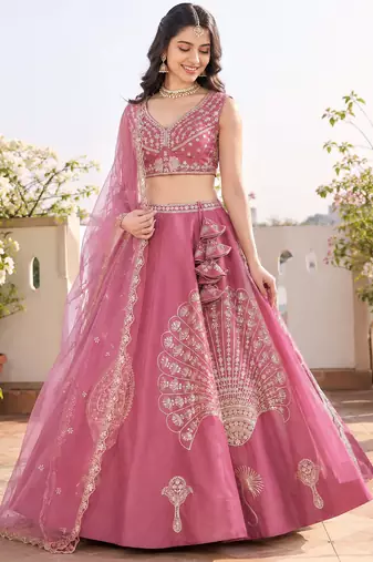 Dusty Rose Dhurandhar Silk Embroidered Lehenga Choli For wedding