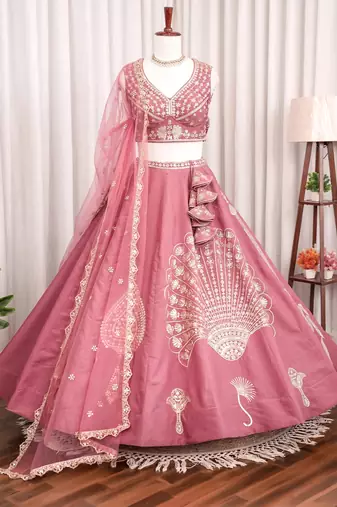 Dusty Rose Dhurandhar Silk Embroidered Lehenga Choli For wedding