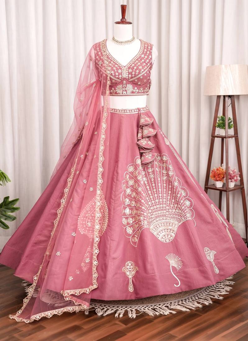 Dusty Rose Dhurandhar Silk Embroidered Lehenga Choli For wedding