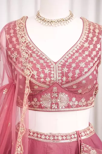 Dusty Rose Dhurandhar Silk Embroidered Lehenga Choli For wedding