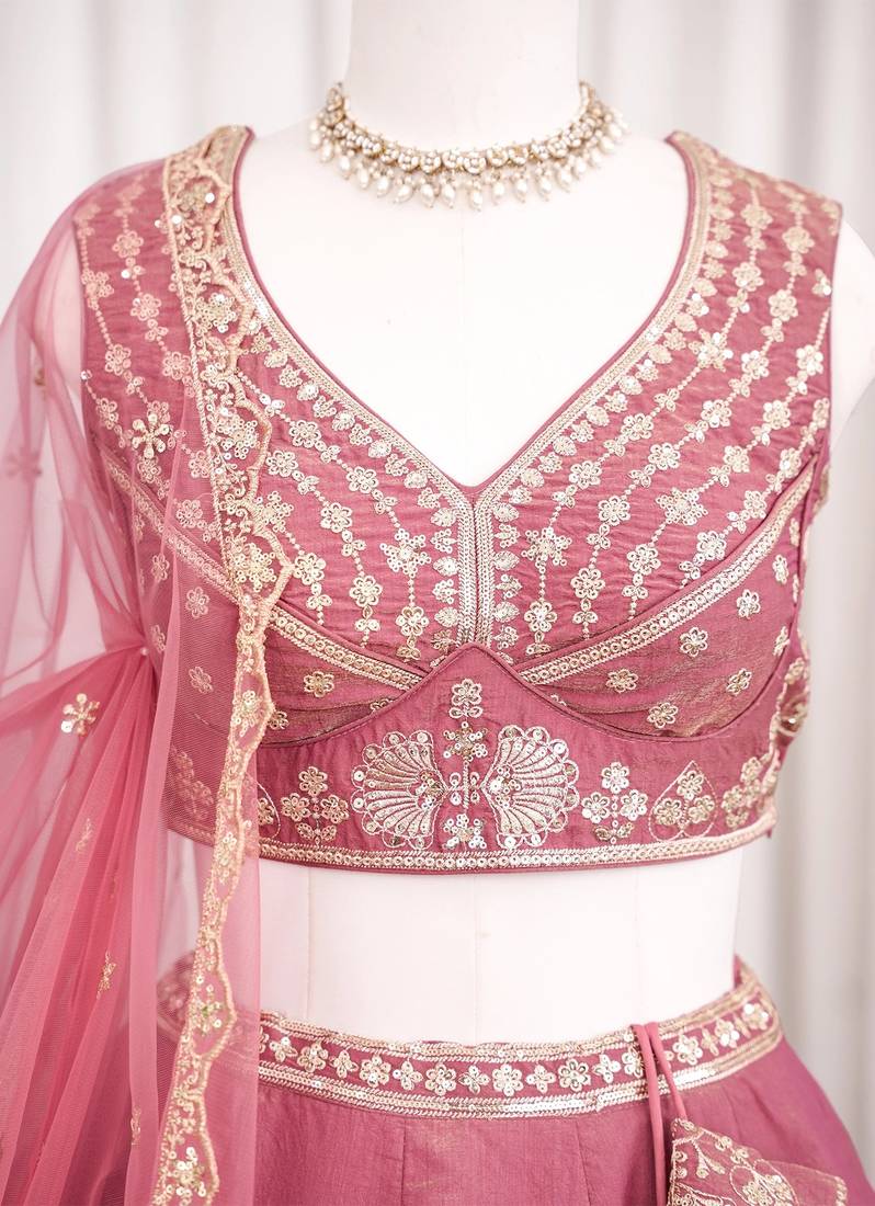 Dusty Rose Dhurandhar Silk Embroidered Lehenga Choli For wedding