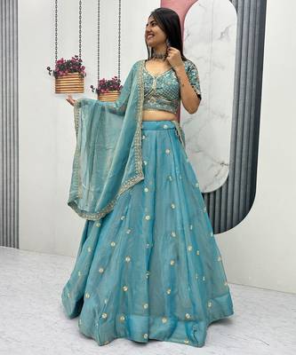 Sky Blue Embroidery sequin Work Silk Blend Lehenga Choli Set 1