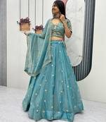 Sky Blue Embroidery sequin Work Silk Blend Lehenga Choli Set