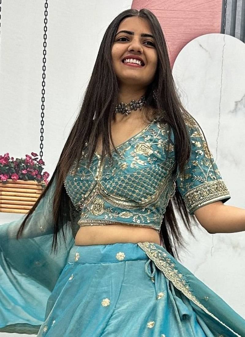 Sky Blue Embroidery sequin Work Silk Blend Lehenga Choli Set