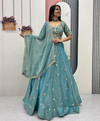 Sky Blue Embroidery sequin Work Silk Blend Lehenga Choli Set 3