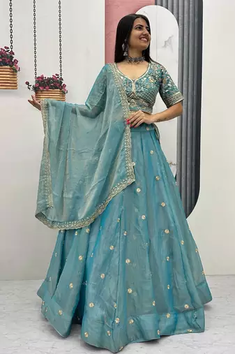 Sky Blue Embroidery sequin Work Silk Blend Lehenga Choli Set