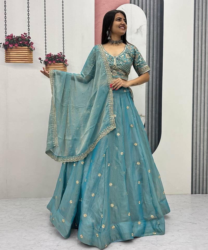 Sky Blue Embroidery sequin Work Silk Blend Lehenga Choli Set