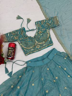 Sky Blue Embroidery sequin Work Silk Blend Lehenga Choli Set 4